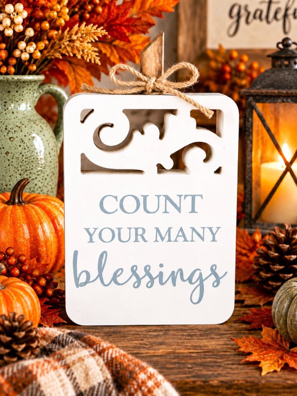 Count Your Many Blessings Wood Pumpkin Fall Thanksgiving Tabletop Sign Décor